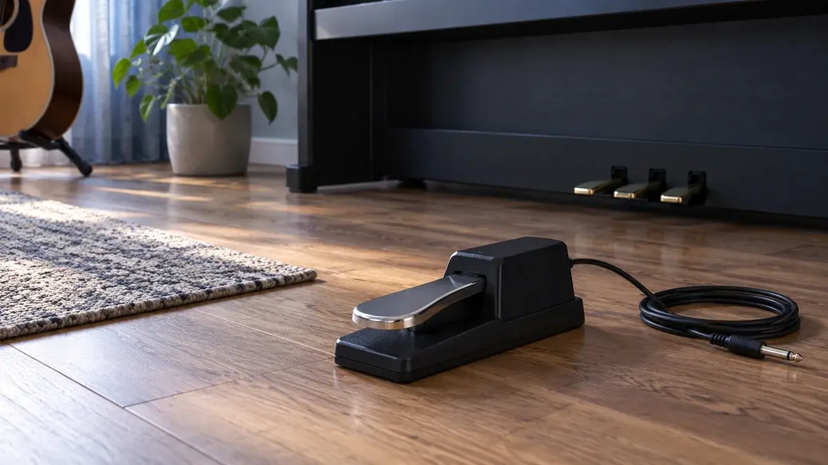 En sustainpedal med metallflate og løs kabel ved et piano.