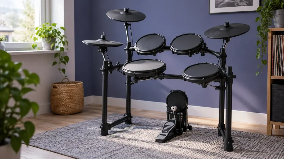 Illustrasjon av et elektronisk trommesett med pads og pedal i et lyst øvingshjørne.