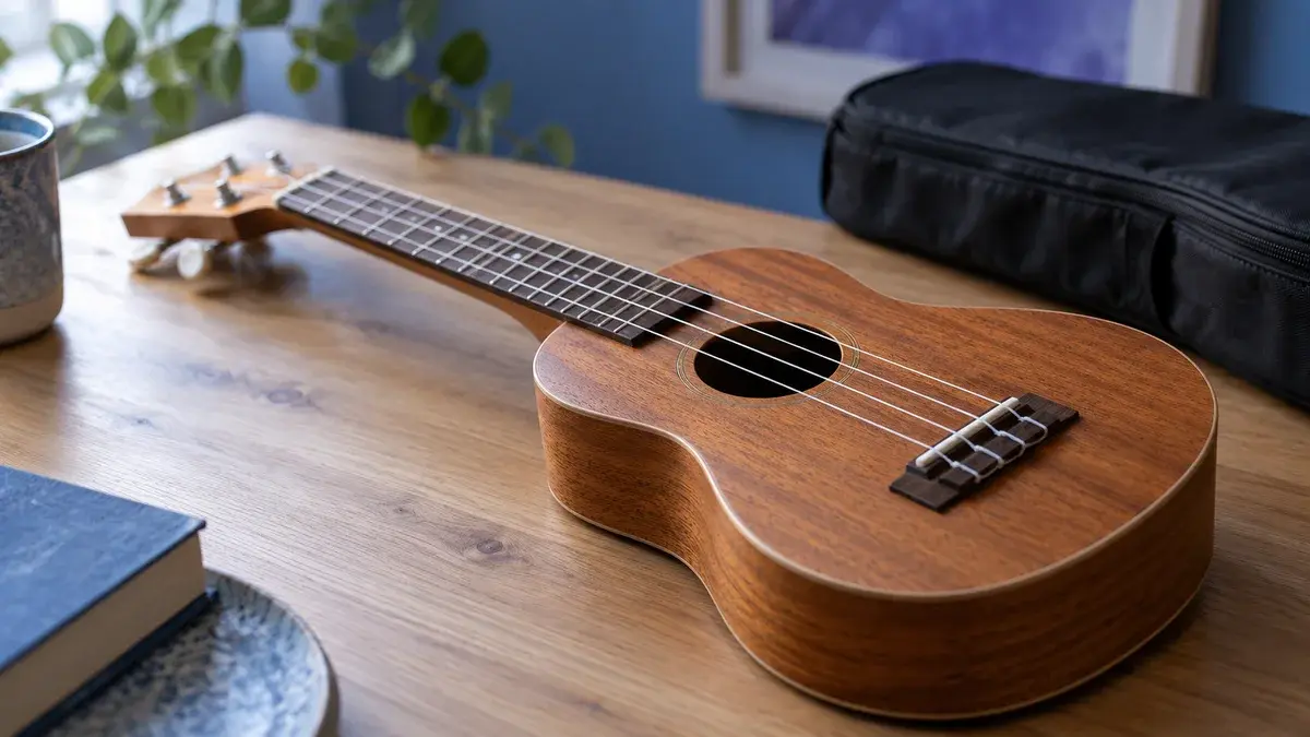Illustrasjon av en firestrenget ukulele på et trebord med en enkel bag i bakgrunnen.