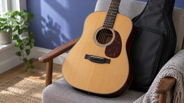 Illustrasjon av en stålstrengsgitar og en lukket gitarbag ved et vindu hjemme.