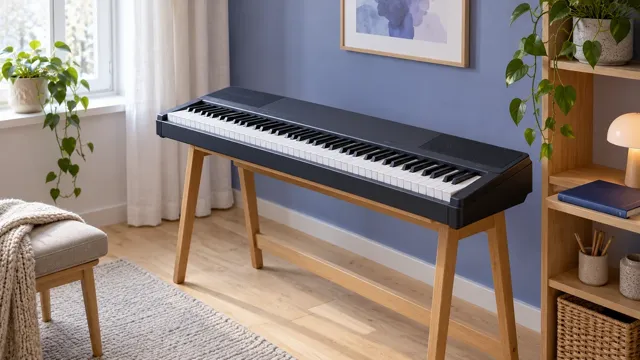 Illustrasjon av et keyboard på trestativ i en lys musikkrok med blåfiolett vegg.