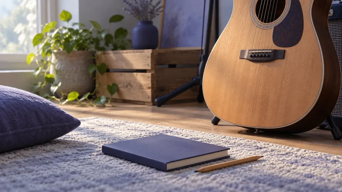 Illustrasjon av en gitar og en lukket notatbok i en rolig musikkrok.