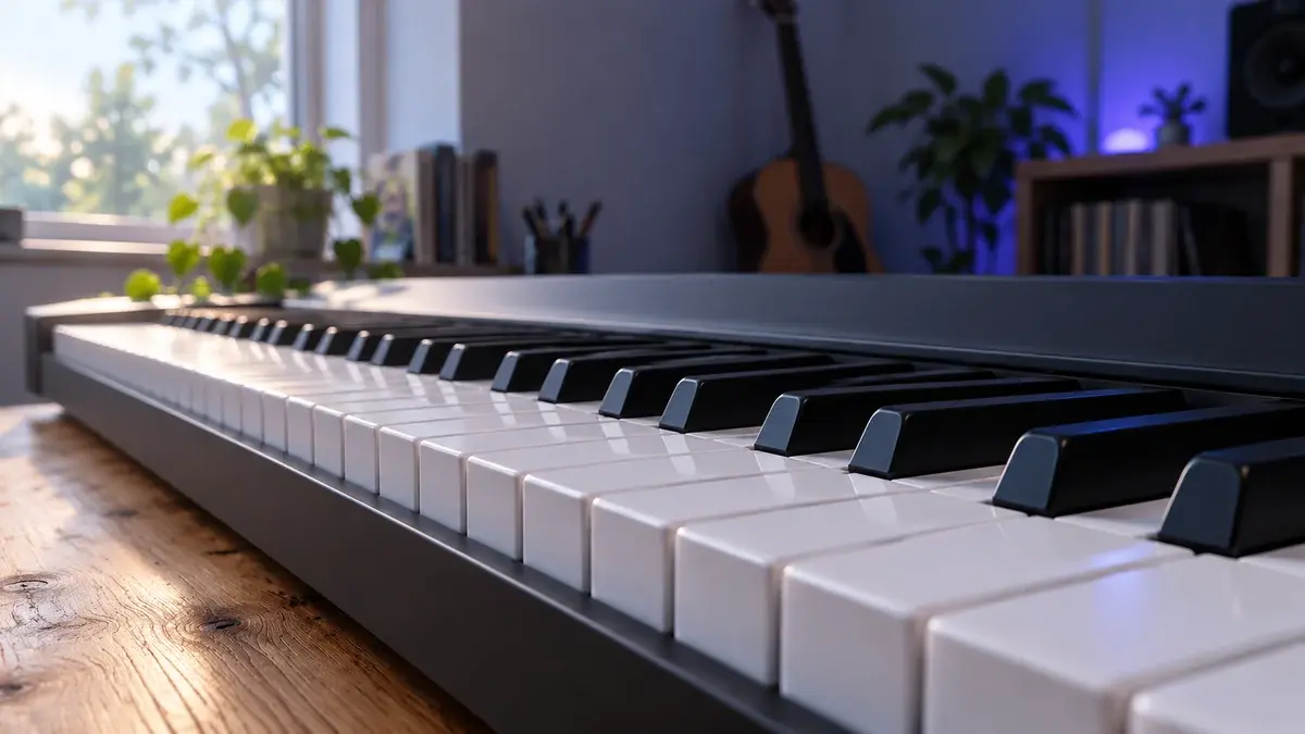 Illustrasjon av tangentforkanten på et digitalpiano sett fra en lav sidevinkel.